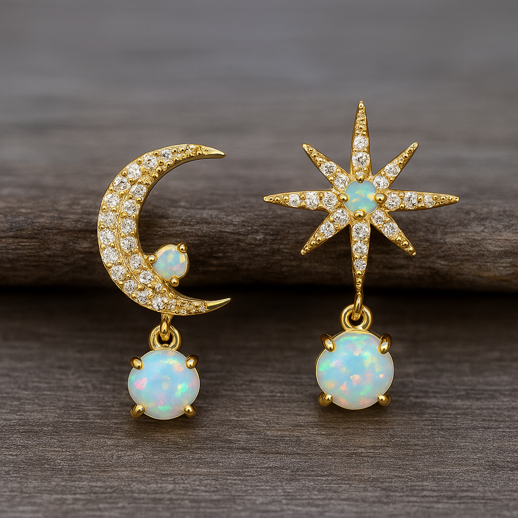 Moon and Star Earrings made of Gold and Opal