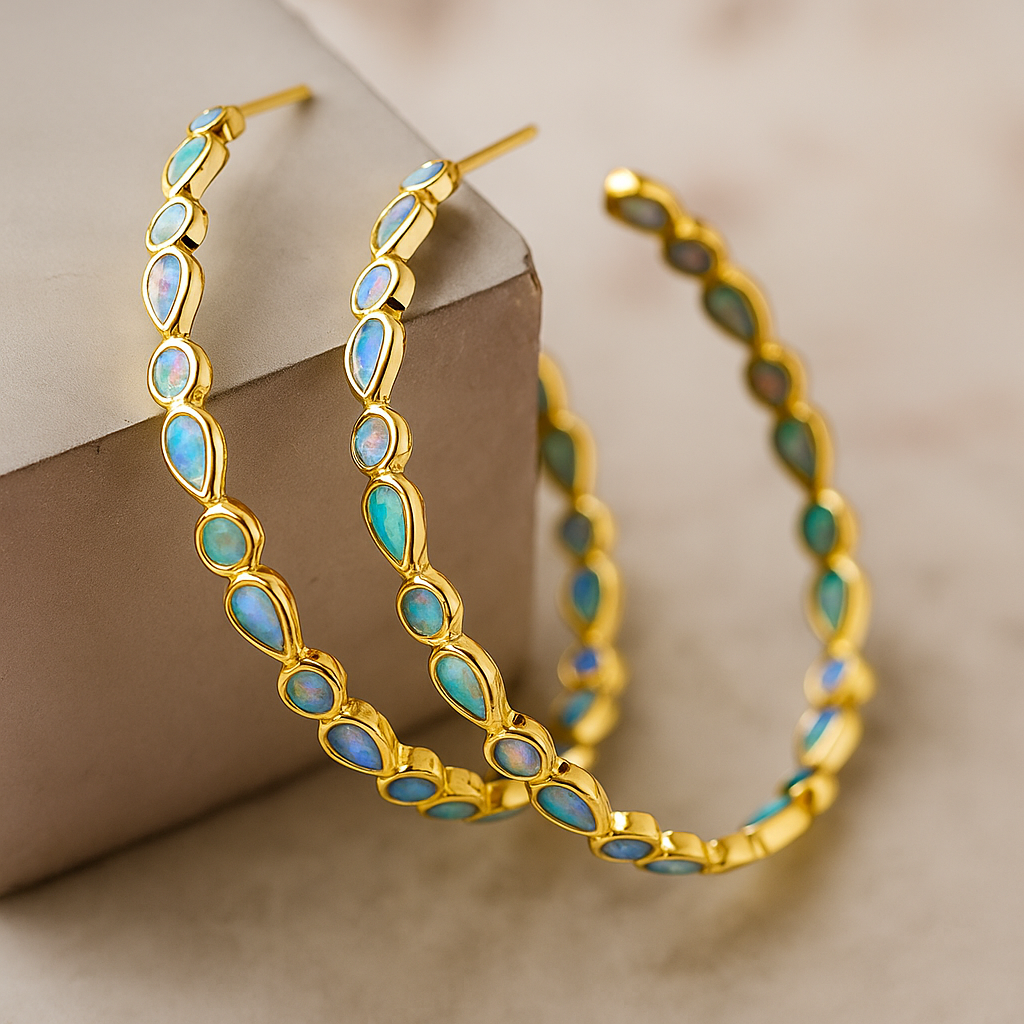 Vintage Blue Opal Gold Earrings