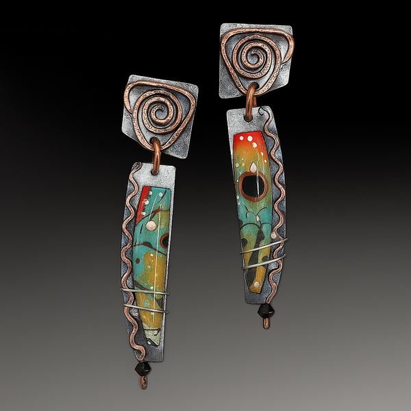 Ethnic silver earrings with multicolored enamel